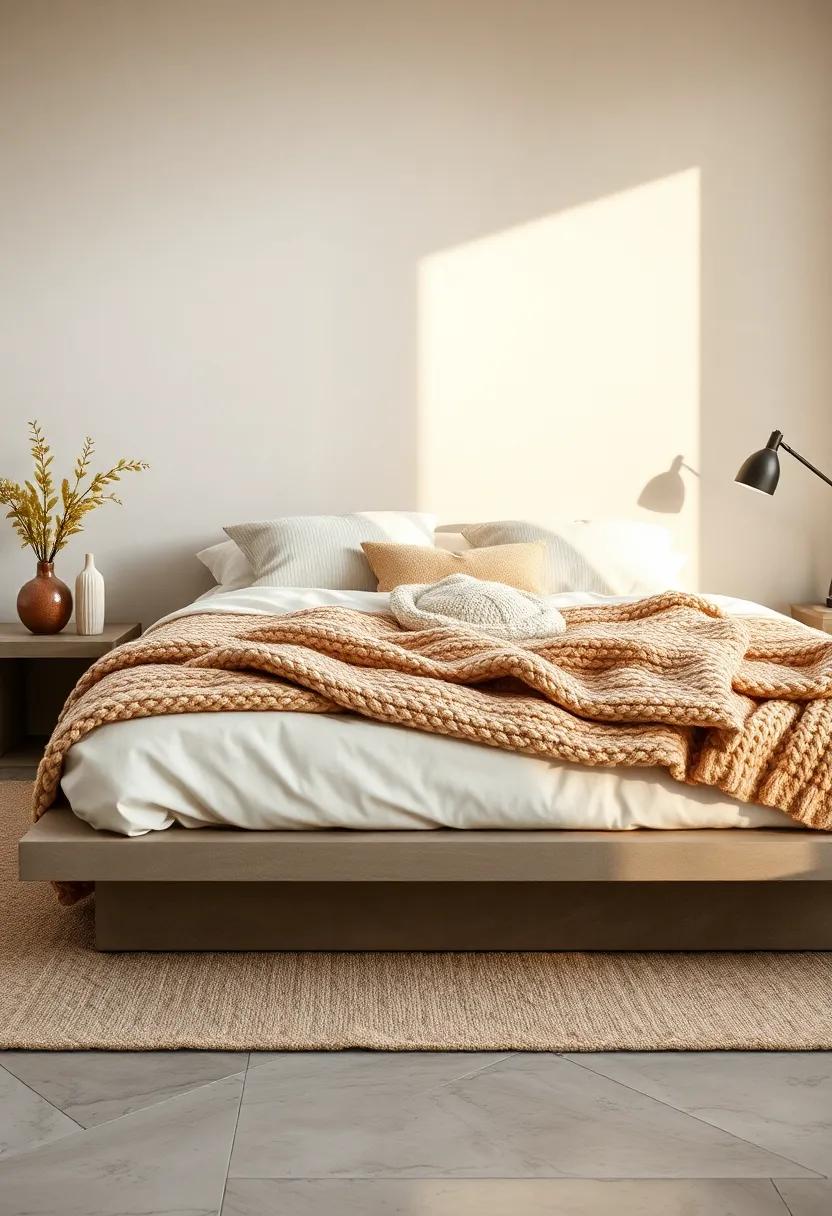 Low Platform Bed Adorned with Chunky Knit Blankets and Cotton Pillows in Cream Shades