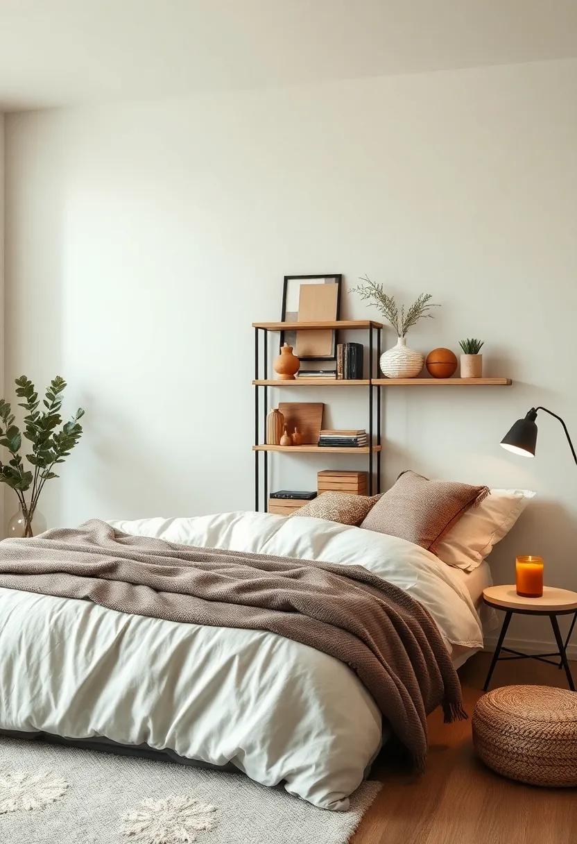 Organized Minimal Bedroom Shelf Highlighting Cozy Touches Through Textural Variation