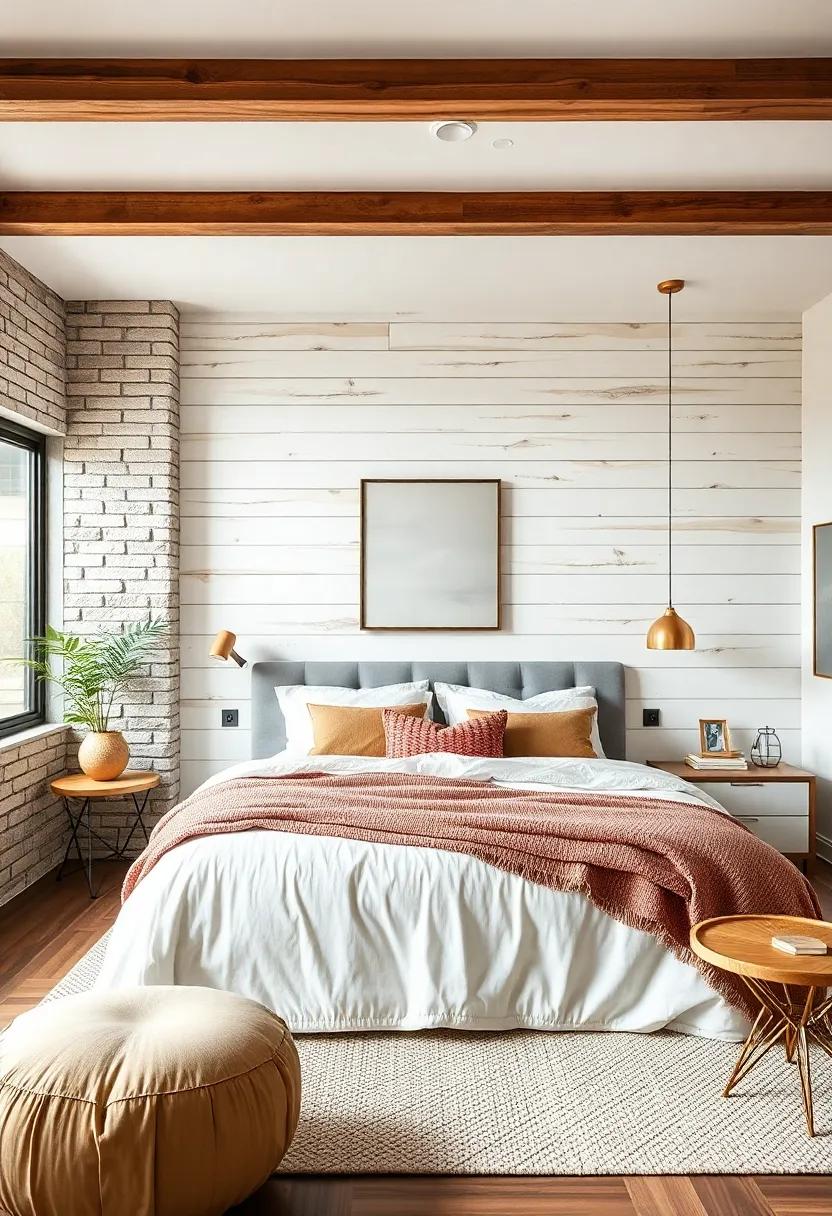 Chic Comfort in a Modern Farmhouse Bedroom With Natural Wood Shiplap Walls and Cozy Layered Bedding