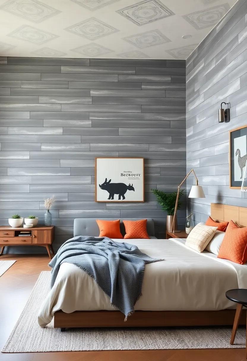 Stormy Gray Shiplap Walls Setting a Bold Backdrop for a Modern Farmhouse Bedroom With Soft Accent Colors