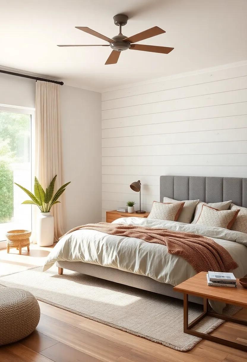Layered Throw Blankets and Patterned Pillows Against Shiplap Walls for Warmth and Depth in Modern Farmhouse Bedrooms