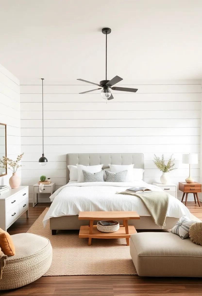 Soft Neutral Color Palettes Complementing Whitewashed Shiplap Walls in a Serene Farmhouse Bedroom Setting