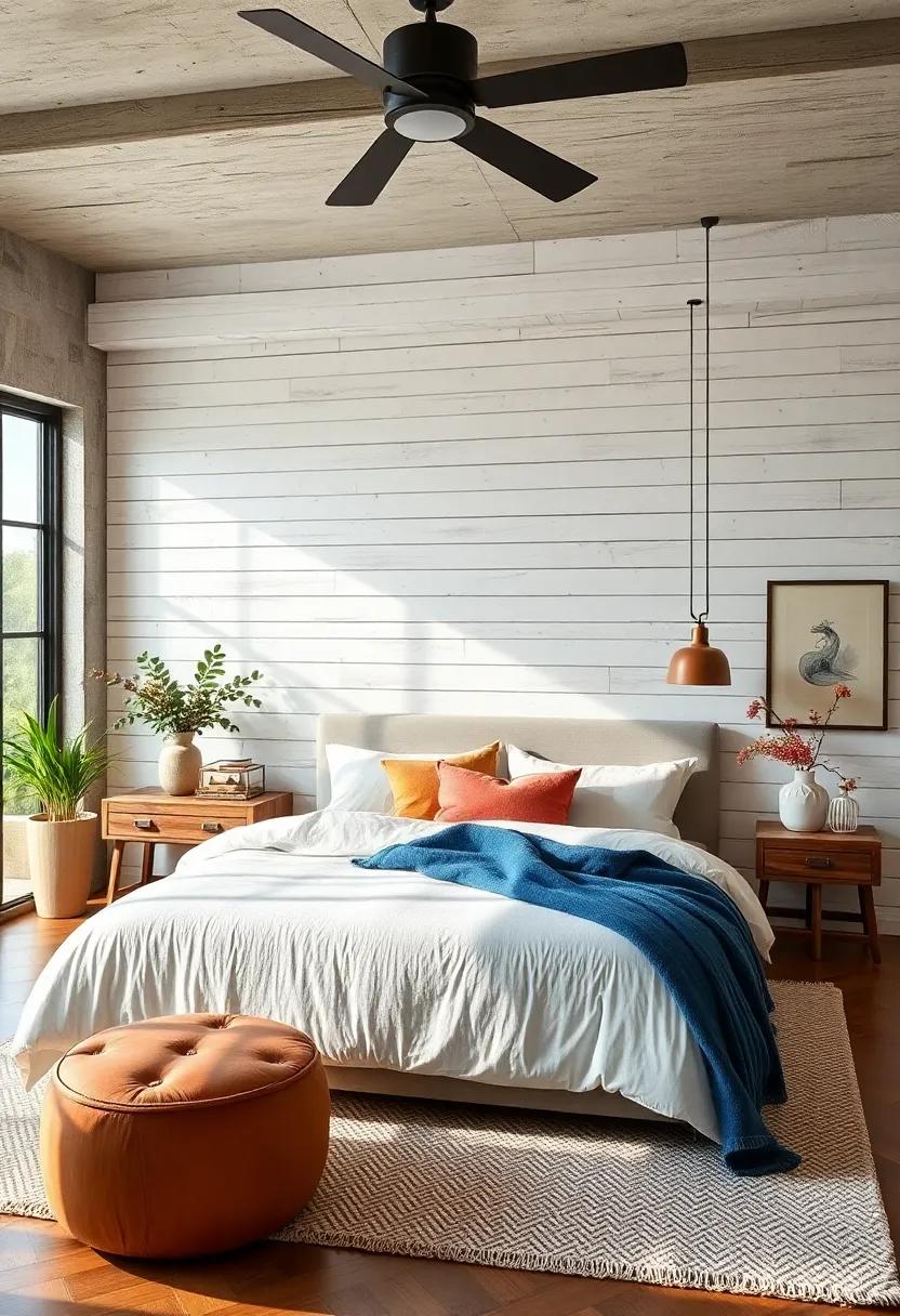 Balancing Industrial Elements With Traditional Shiplap Walls in a Contemporary Farmhouse Bedroom Space