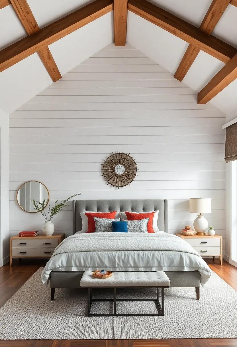 Open Beamed Ceilings Paired With Crisp White Shiplap Walls for a Spacious and Airy Farmhouse Bedroom Ambiance