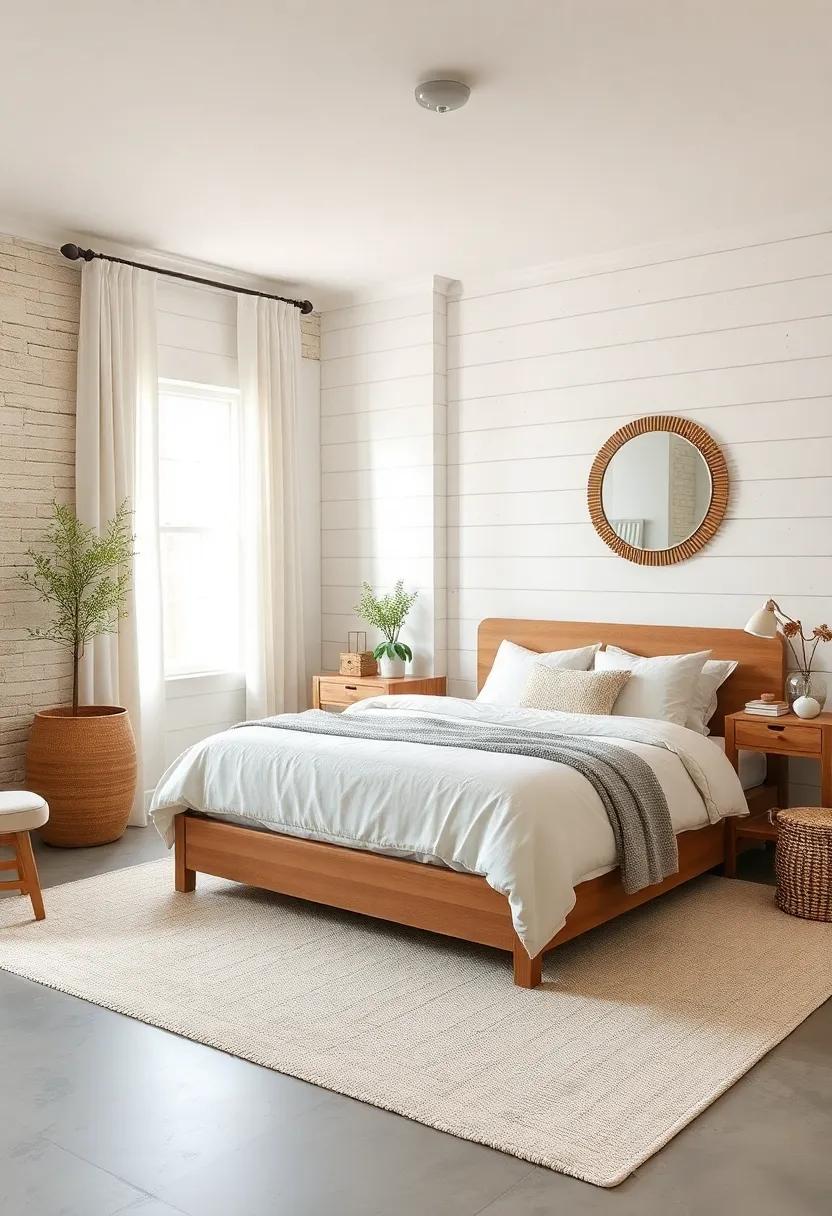 Plush Area Rugs and Linen Drapes Enhancing the Cozy Feel in Farmhouse Bedrooms Showcasing Timeless Shiplap Walls
