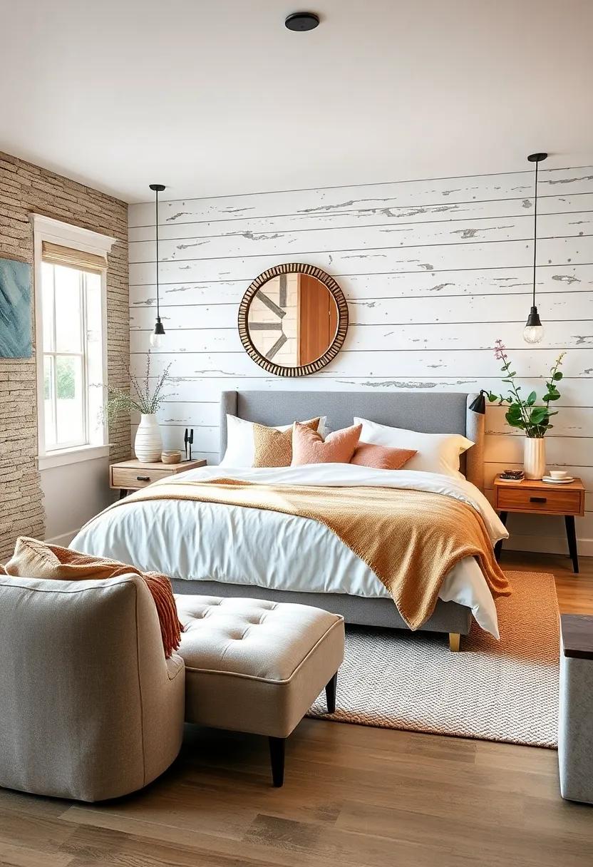 Farmhouse Bedroom Showcasing Textural Contrast Between Smooth Fabrics and Rough Shiplap Wall Surfaces
