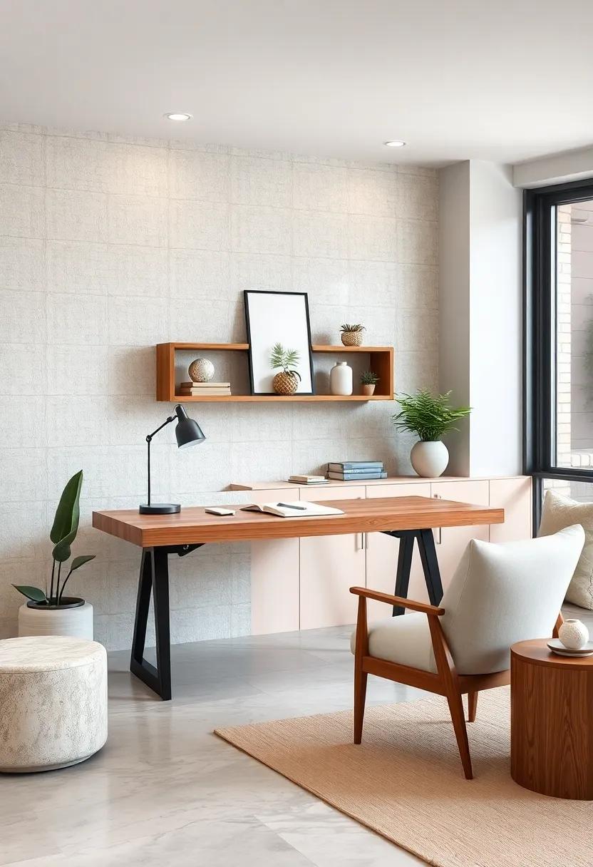 Elegant Workspace Featuring Sleek Minimalist Wooden Desk Paired With Cozy Beige Accents