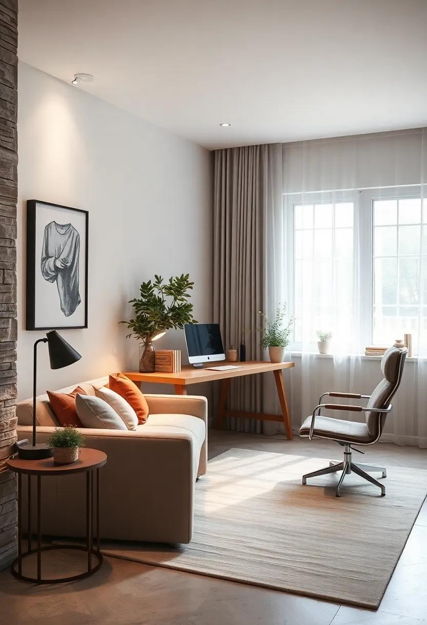 Softly Illuminated Home Office Scene Featuring Textured Neutral Fabrics And Minimal Desk