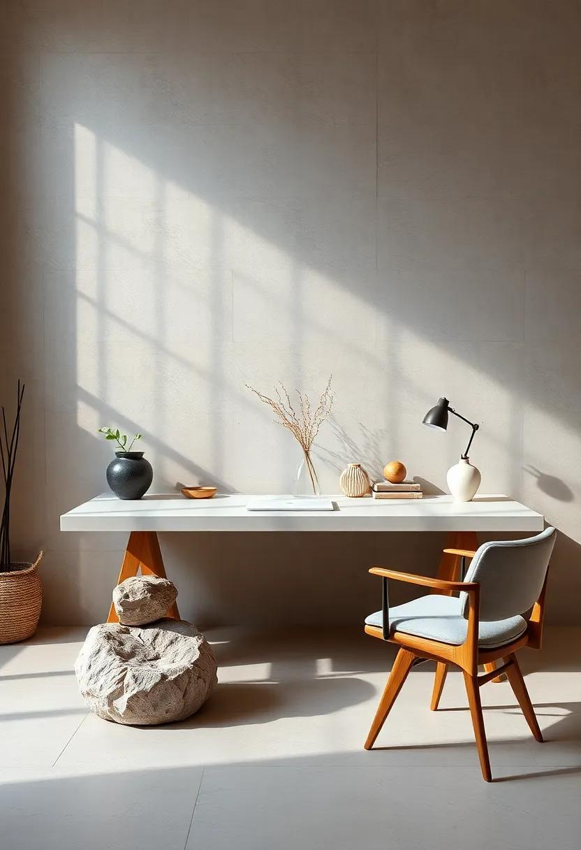 A Serene Minimal Desk Scene With Soft Shadows And Organic Elements Like Stone And Wood