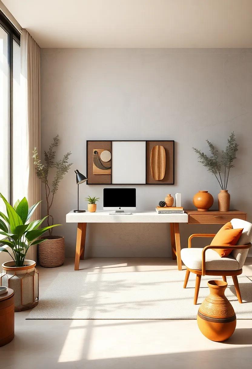 Neutral Minimalist Desk With Clean Geometry Balanced By Warm Ceramic Pottery