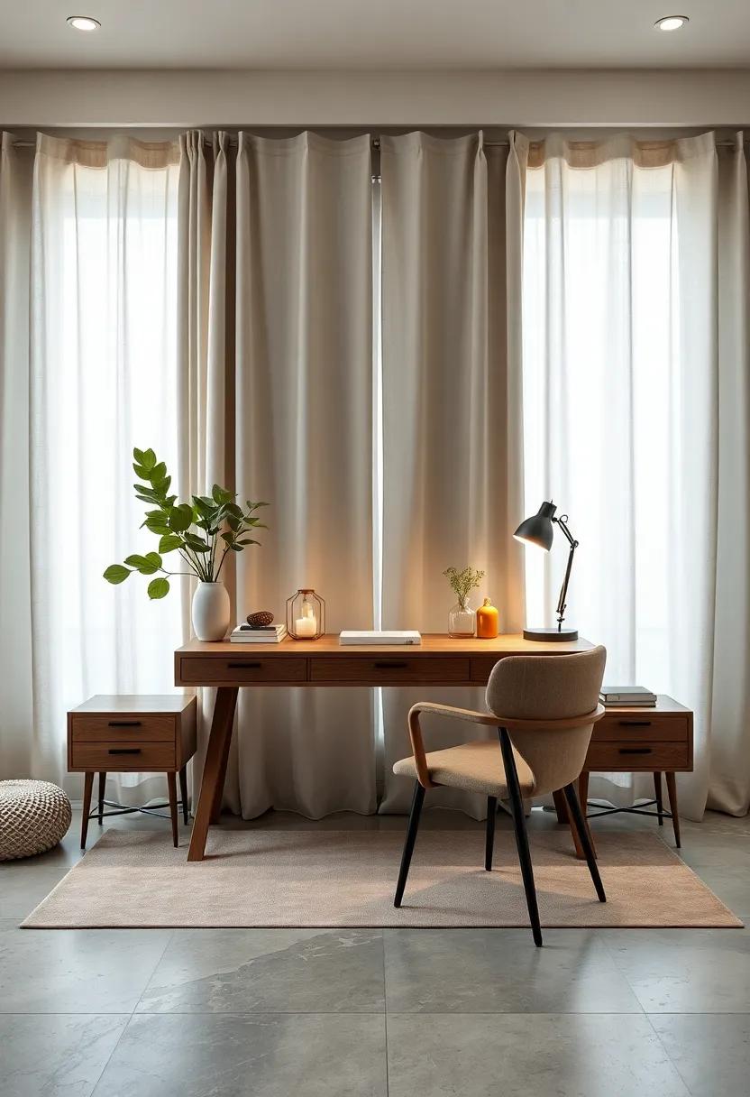 Muted Toned Desk With Streamlined Design Set Against A Soft Linen Curtain Backdrop