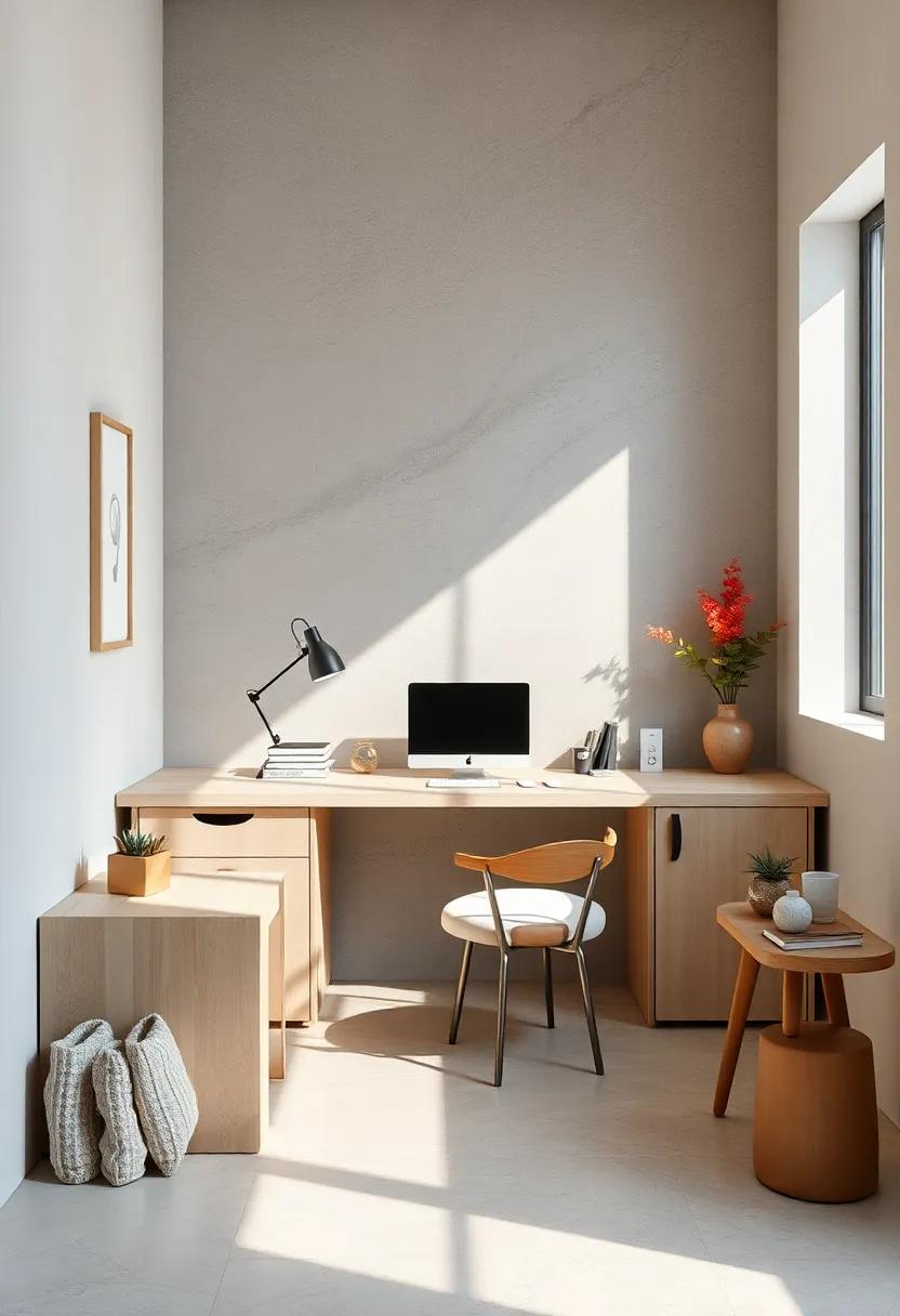 Minimalist Desk Area With Focused Light And Stone Details For A Relaxing Work Mood
