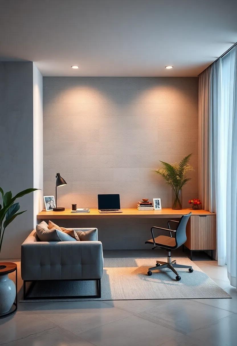 Neutral Toned Workspace With Floating Desk And Soft Ambient Background Lighting