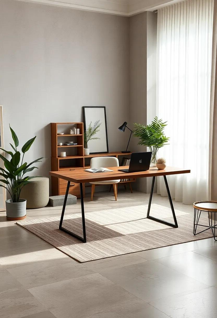 Gentle Neutral Workspace Enhanced By Wooden Desk And Subtle Organic Decor Elements