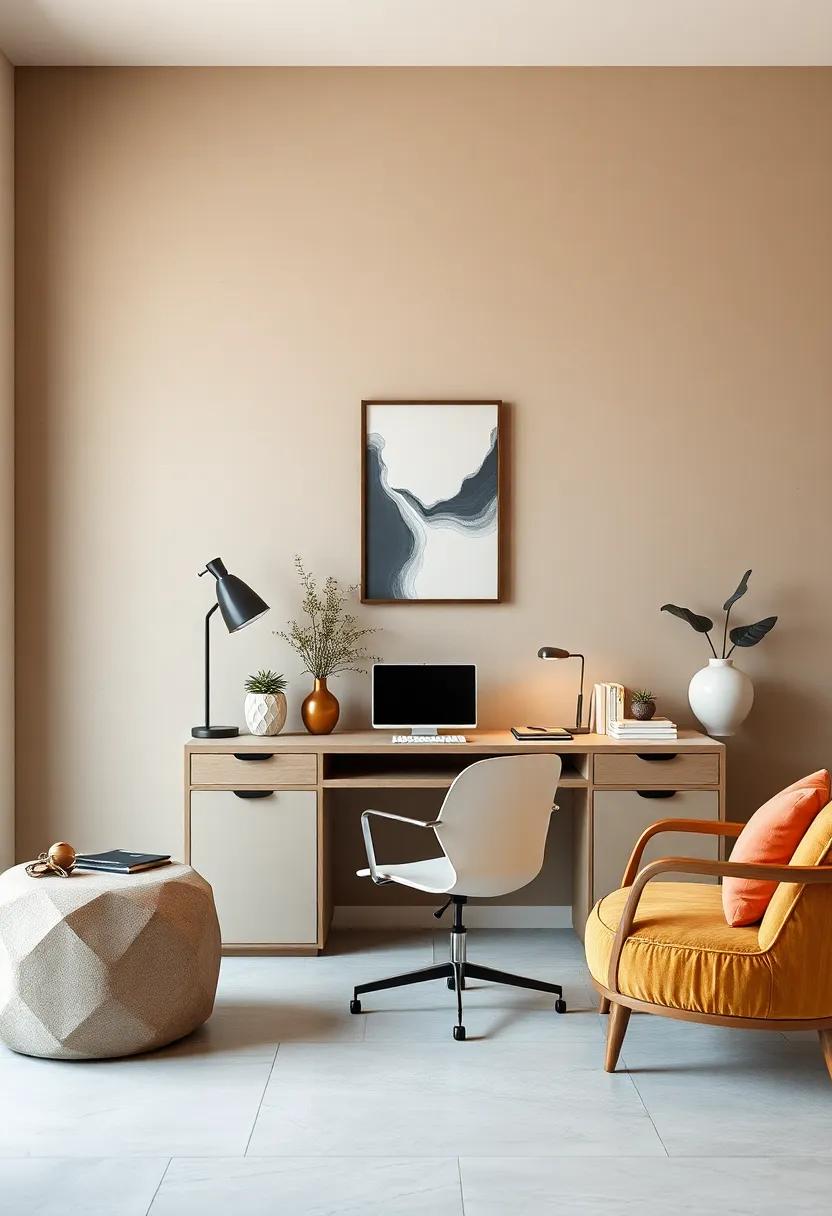Neutral Palette Desk Arrangement With Clean Lines Against A Muted Taupe Wall Background