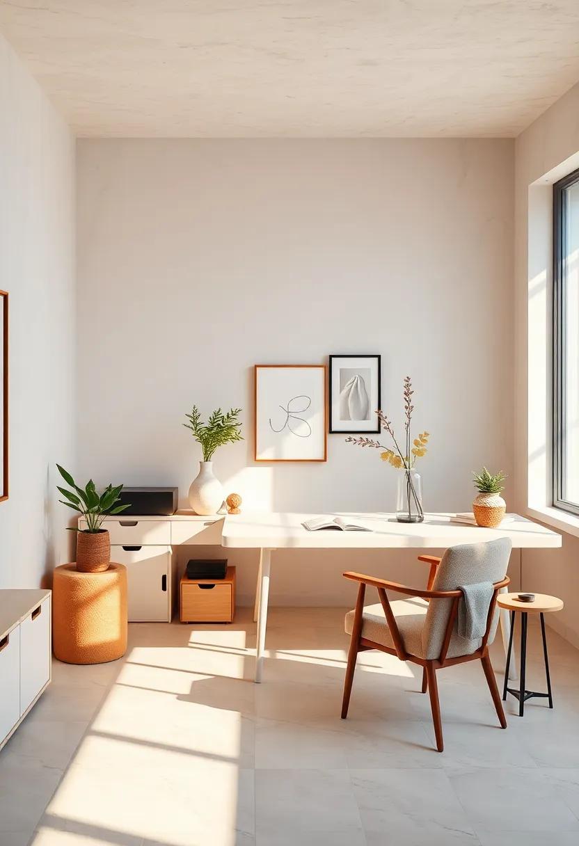 Bright Neutral Desk Space Highlighting Smooth Surfaces And Delicate Warm Lighting