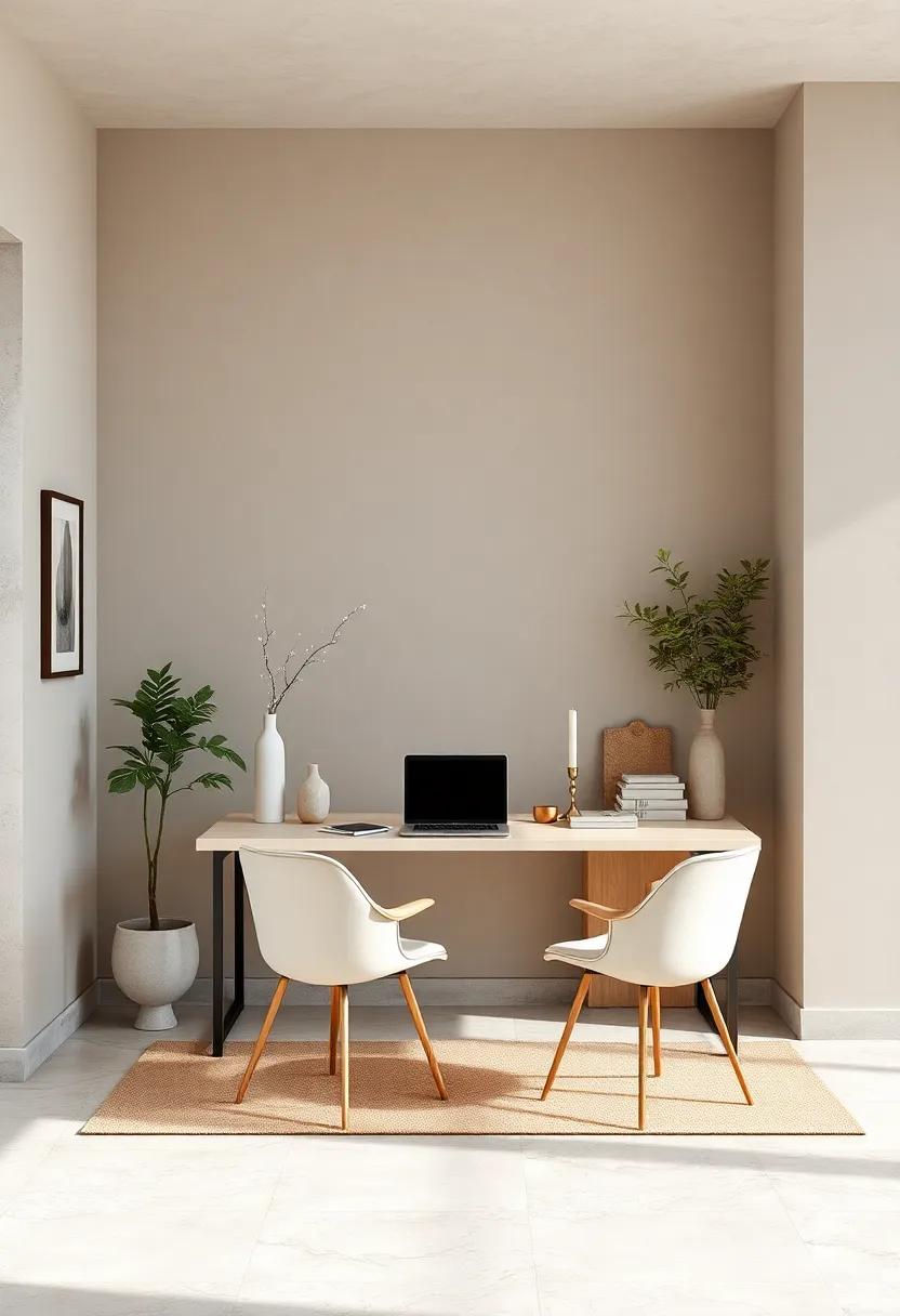 Soft Taupe Wall Office With A Slim Minimal Desk And Gentle Creamy Textures