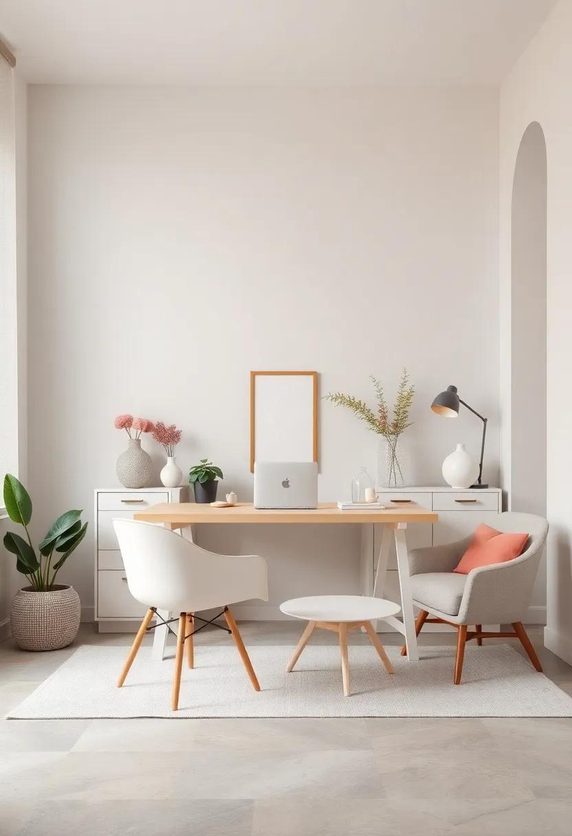 Contemporary Minimalist Office Desk Surrounded By Pale Pastel Accessories In A Neutral Room