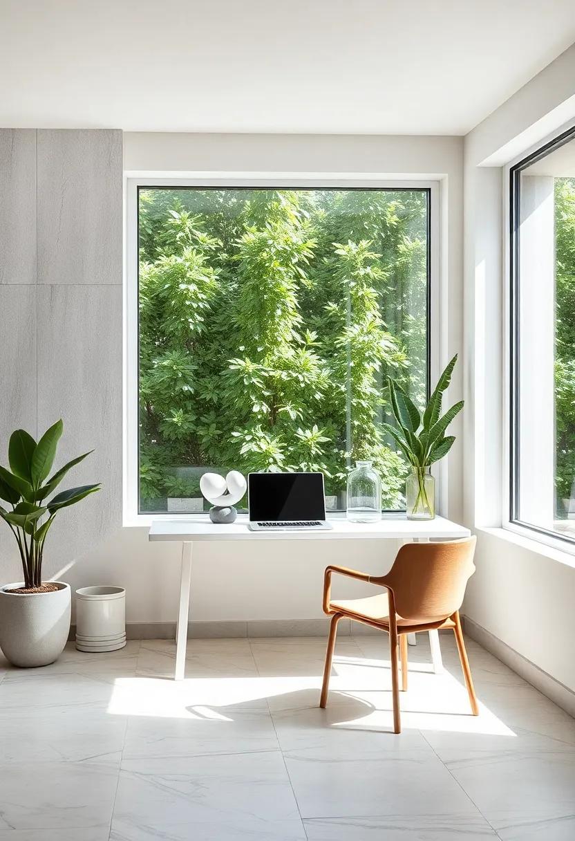 A Crisp White Minimal Desk Next To Large Window With Blurred Greenery Outside