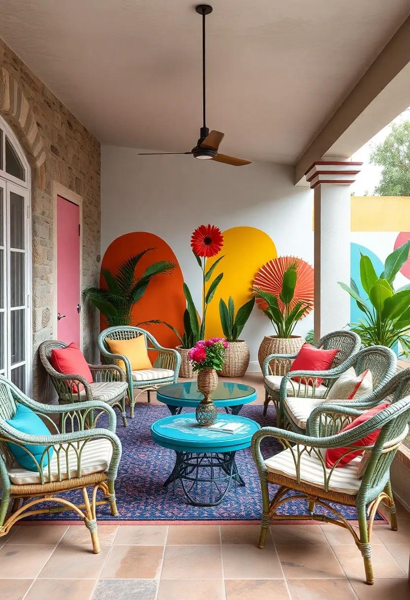 Colorfully Painted Wicker Furniture in a Playful Patio Mix Surrounded by Bold Wall Murals