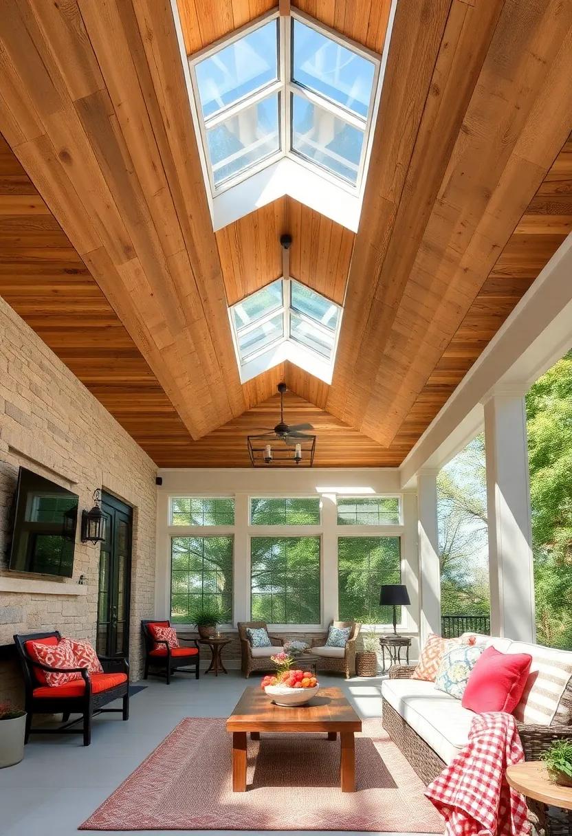Bright Skylights Nestled Among Reclaimed Barn Wood Ceiling Panels For Rustic Elegance