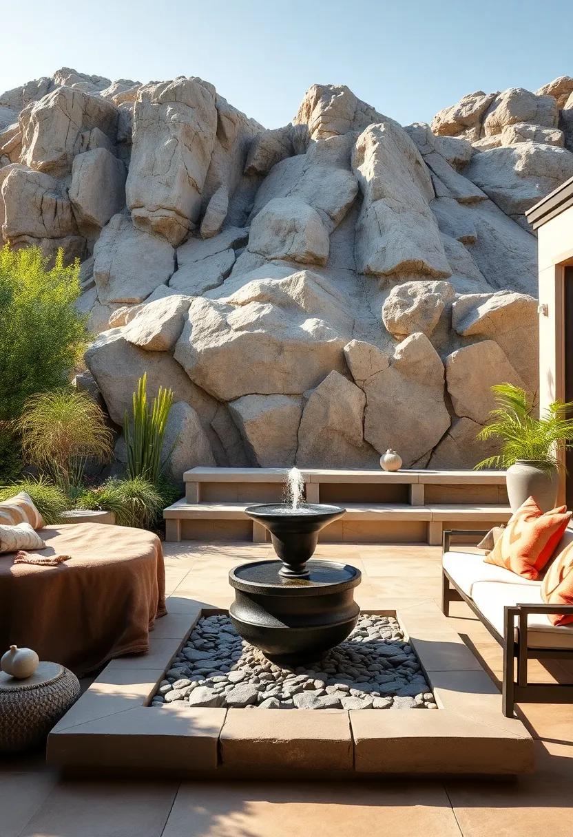 Eco-Friendly Backyard Retreat With Stone Benches And A Solar Fountain Against Rocky Cliffs