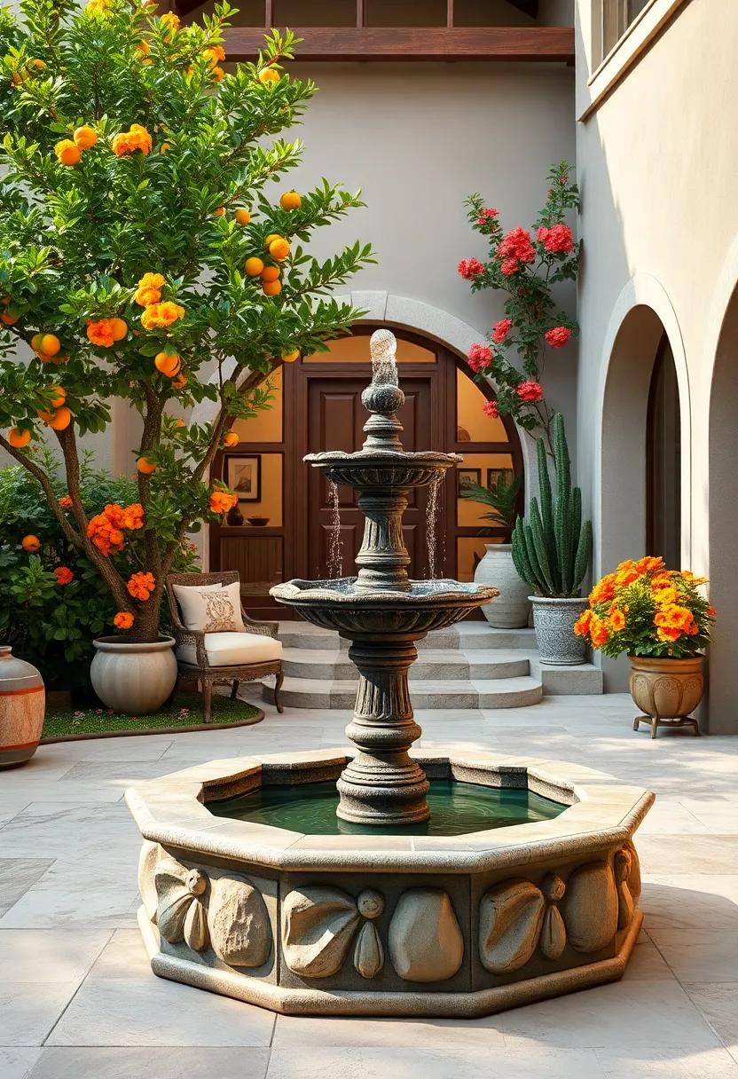 Ornate Mediterranean-Style Solar Fountain Surrounded By Citrus Trees And Bright Bougainvillea