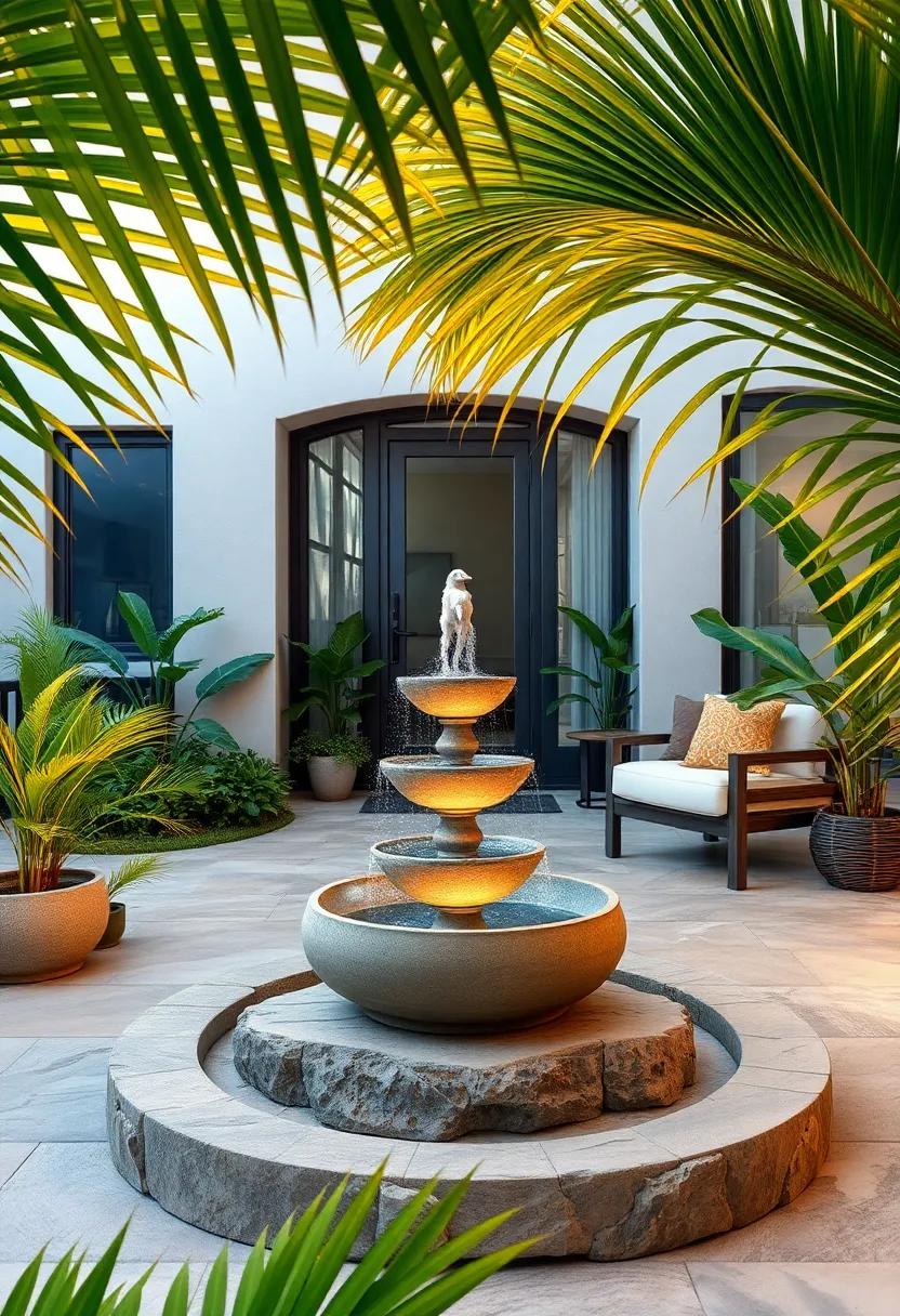 Tropical Yard Oasis Highlighting A Solar Fountain Framed With Vibrant Palm Leaves
