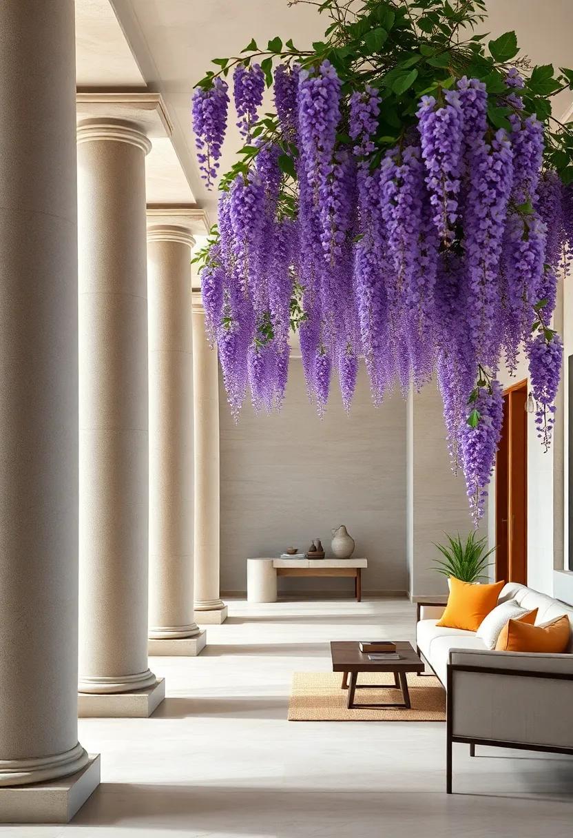 Stone Pillars Draped with Wisteria Blossoms Conveying Serenity and Silent Power