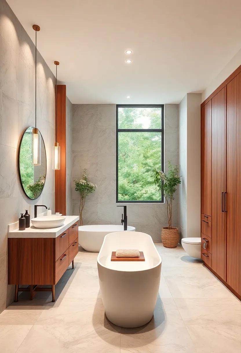Contrast of Sleek White Marble Countertops Paired with Rich Warm Wooden Cabinets in Contemporary Bathrooms