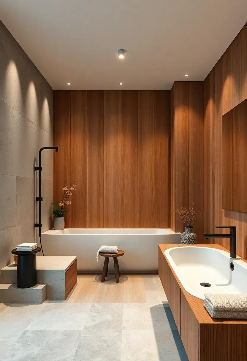The Harmonious Blend of Matte Black Fixtures Against Warm Honey-Toned Wood Surfaces in Spa-Like Bathrooms