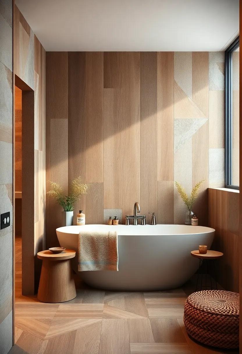 Mixing Varied Wood Tones for a Dynamic Yet Cohesive Bathroom Space Filled with Texture and Warmth