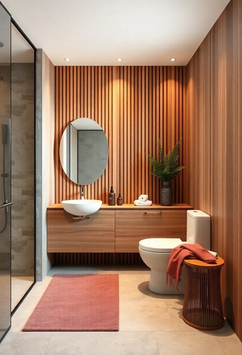 Natural Wood Slat Walls Creating Visual Interest and Warmth in Compact Modern Bathrooms