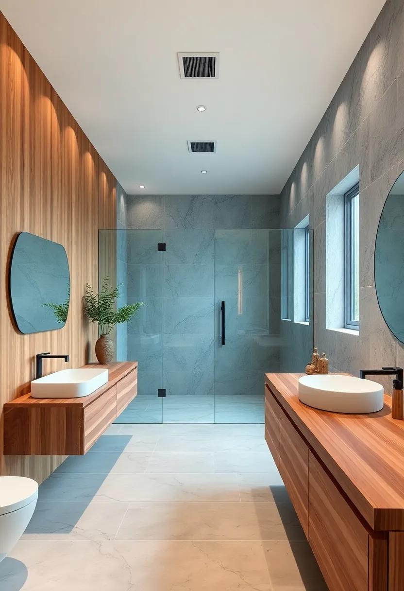 Seamless Integration of Warm Wooden Countertops With Flowing Clear Glass Shower Enclosures