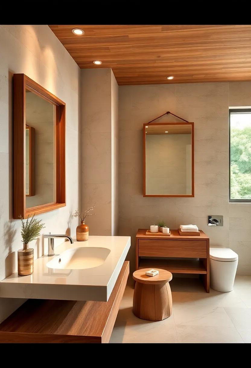 Natural Wood Framed Mirrors Adding Depth and Warmth to Bright and Airy Bathroom Interiors