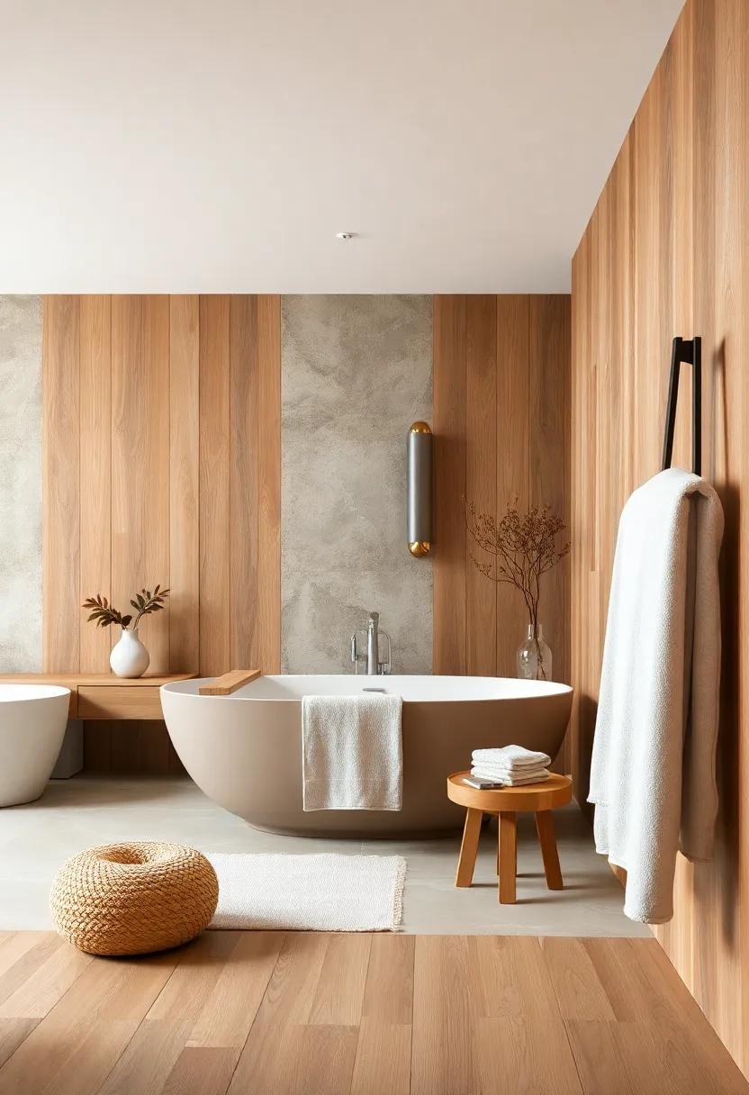 The Inviting Appeal of Wood and Linen Towels Featured in a Warm, Neutral Bathroom Scene