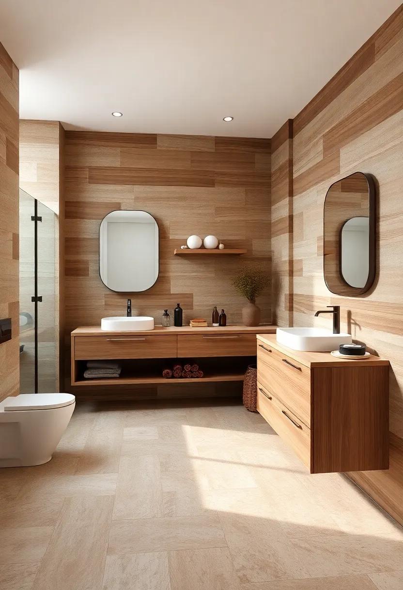 Layering Earthy Ceramic Tiles with Natural Wood Vanities for a Balanced and Warm Bathroom Aesthetic