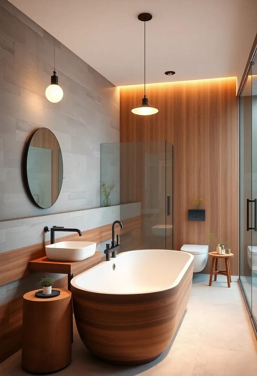 Soft Glowing Pendant Lights Highlighting the Subtle Beauty of Warm Wooden Bath Surrounds and Fixtures