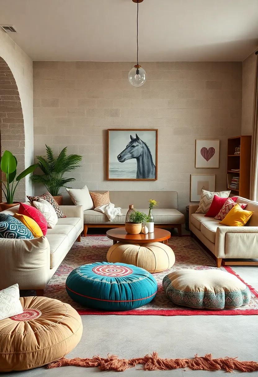 Low Seating Arrangements with Moroccan Poufs and Floor Cushions Creating an Intimate Bohemian Gathering Space