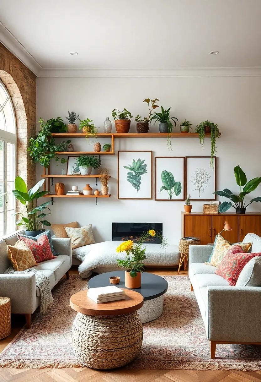 A Boho Living Room with Plant-Filled Shelves, Hanging Planters, and Botanical Prints Adding Natural Elegance