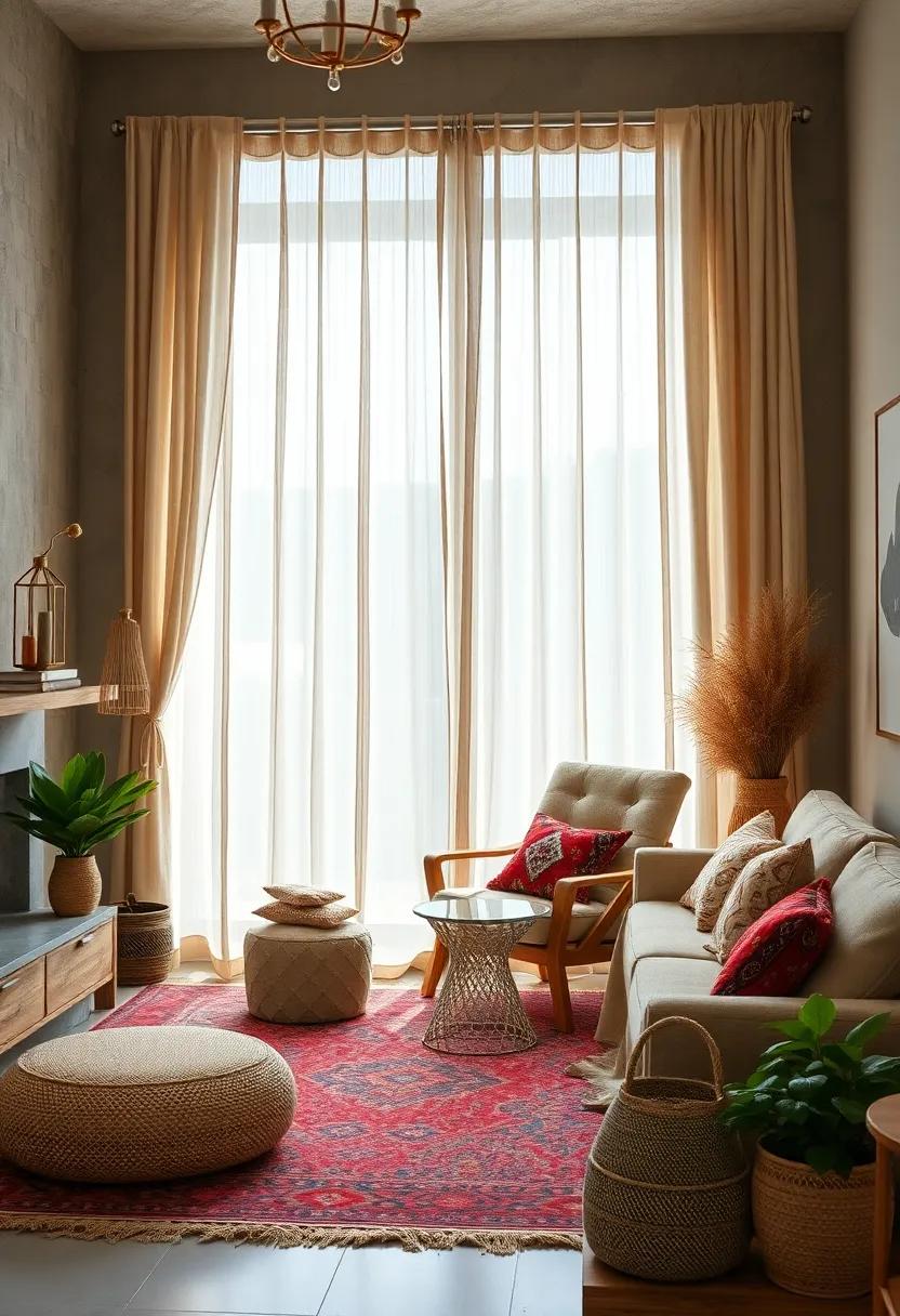 Natural Fiber Curtains Flowing Lightly Around A Cozy Reading Chair in a Boho Styled Living Room Setting