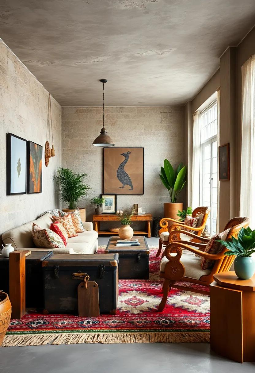 An Artistic Boho Nook Featuring A Kilim Rug, Vintage Trunks, and Hand-carved Wooden Chairs Inviting Relaxation