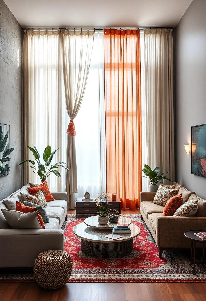 Boho Living Room Showcasing Layered Window Drapes of Sheer and Heavy Textiles with Artistic Tiebacks