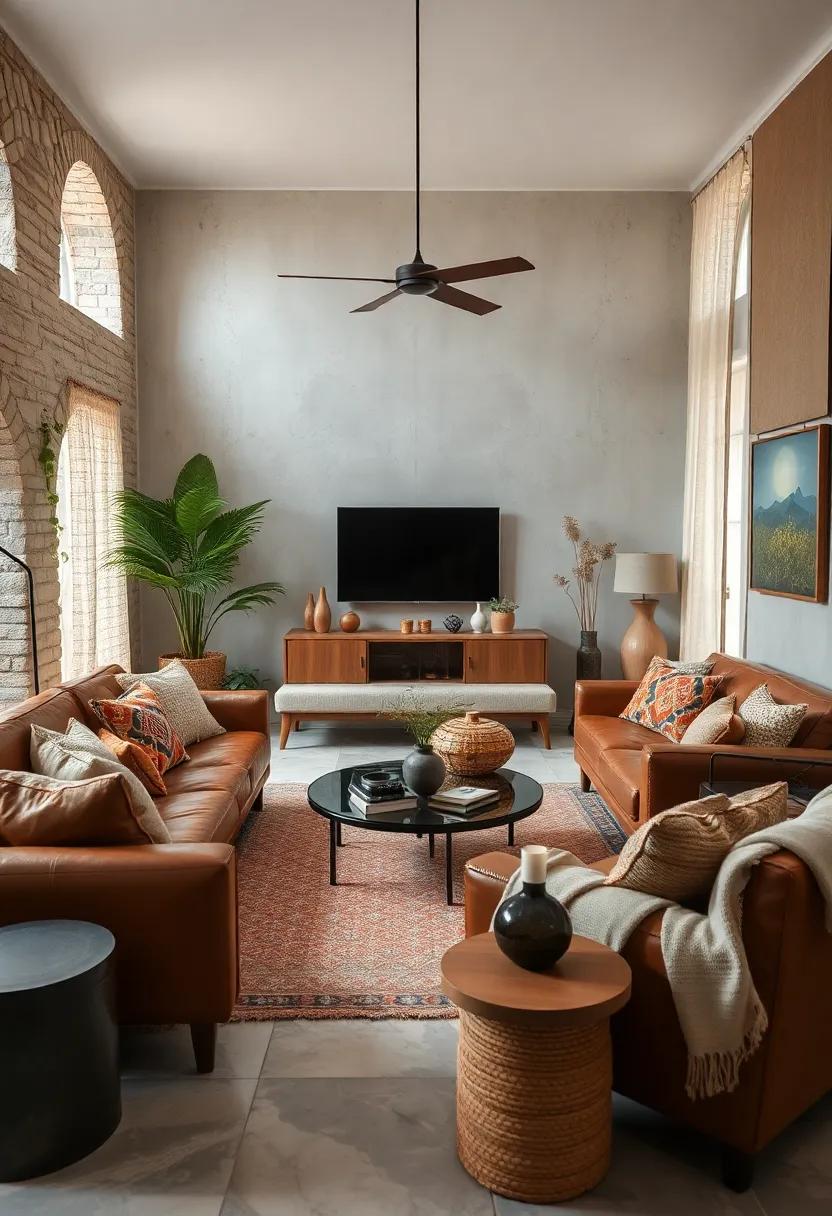 Bold Patterns and Mixed Fabrics Creating a Visual Symphony on Sofa Covers and Drapes in a Boho Inspired Room