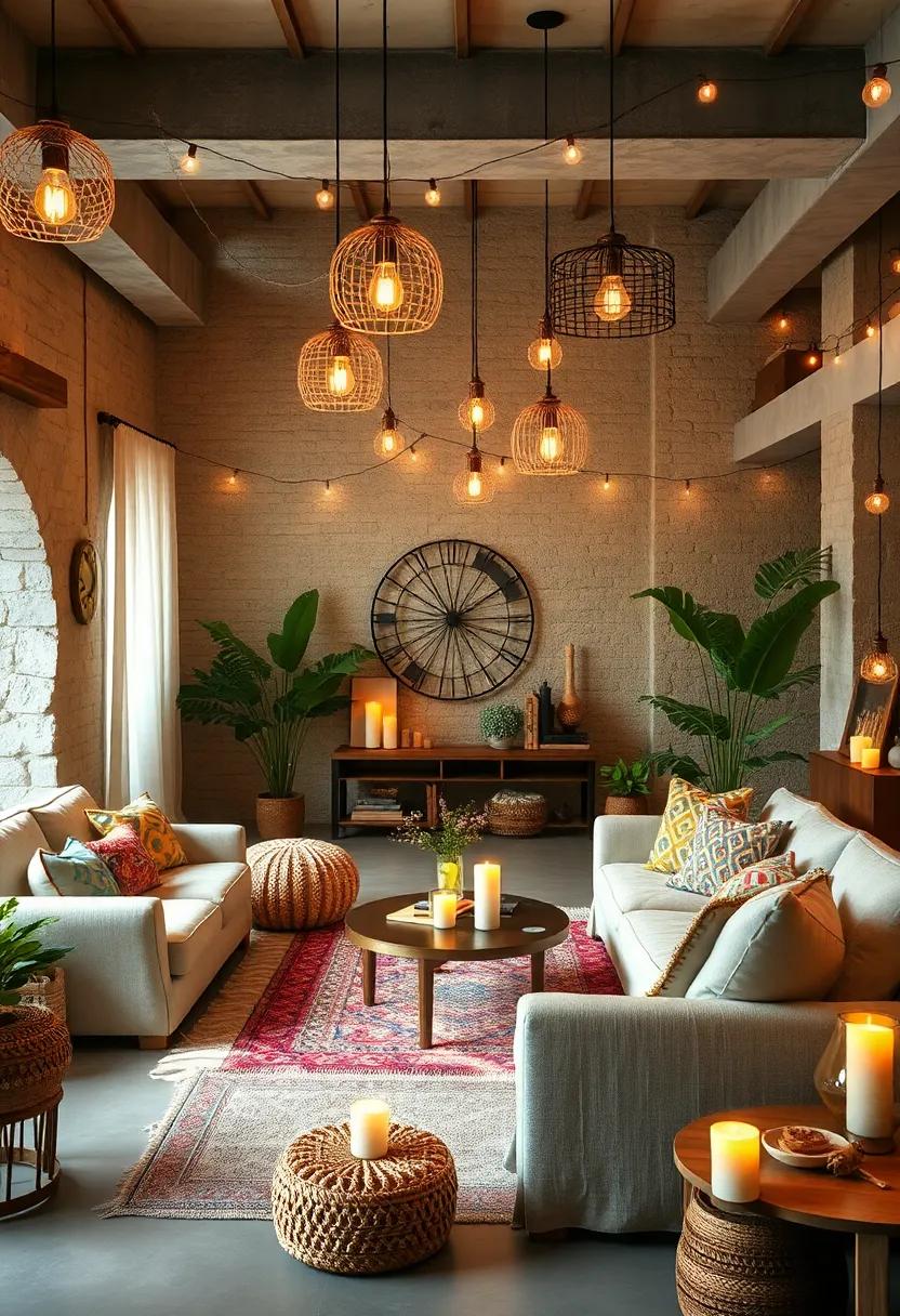 Layered Lighting Featuring Pendant Lamps, String Lights, and Candles Casting a Cozy Glow in a Boho Lounge