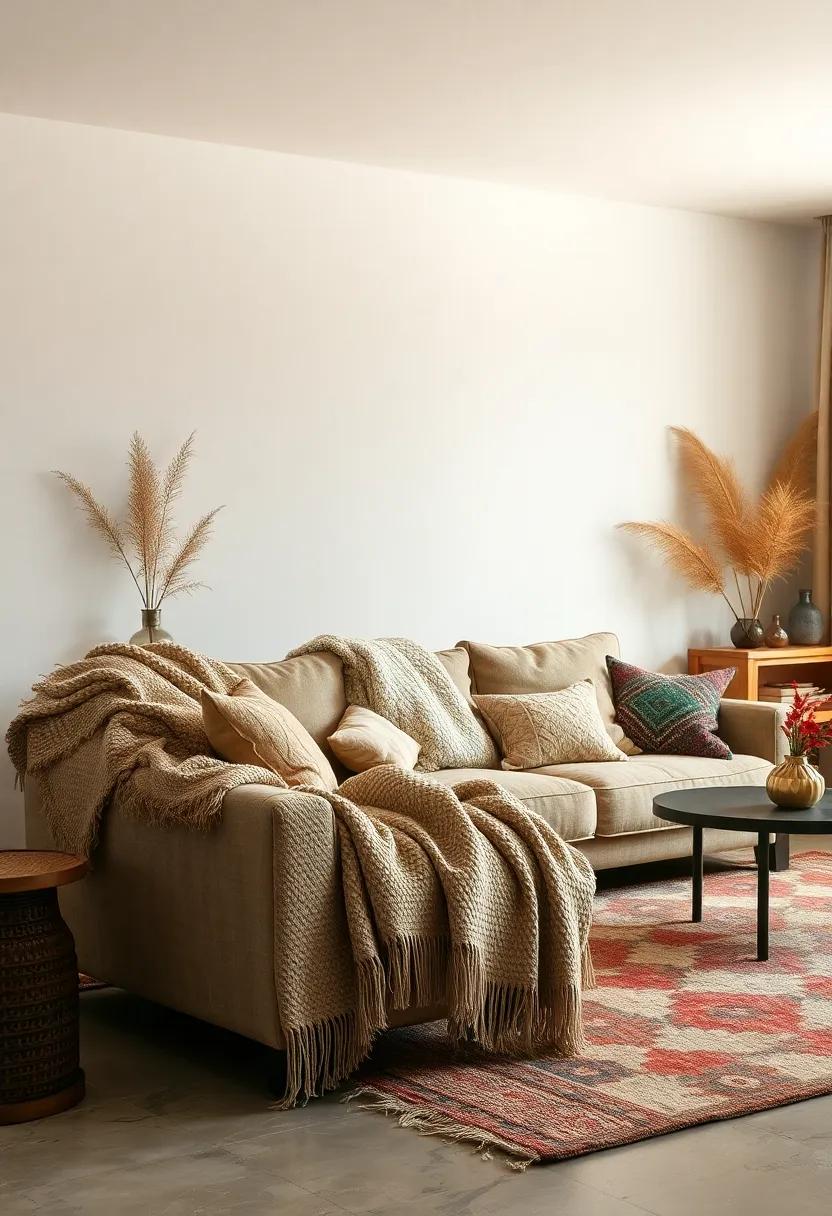 Textured Throws Layered on a Comfortable Vintage Sofa Blending Neutral Hues with Punctuations of Color for Warmth