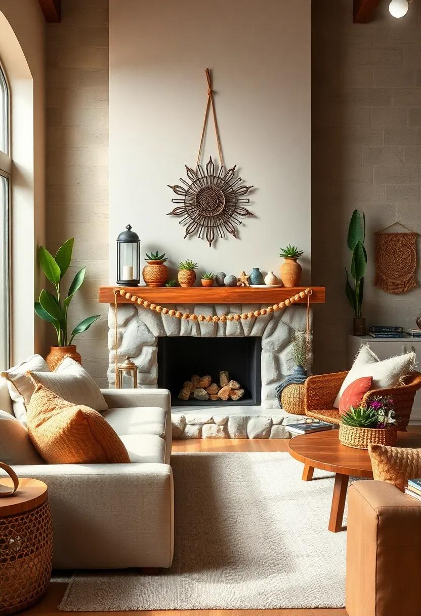 A Bohemian Style Fireplace Mantel Decorated with Lanterns, Succulents, and Handcrafted Trinkets in a Cozy Room
