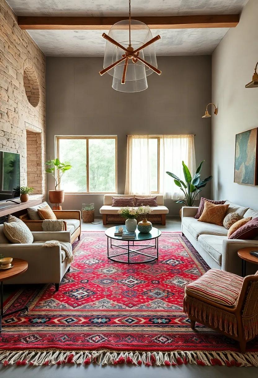 Multilayered Area Rugs of Diverse Patterns and Textures Define Zones and Enhance Visual Interest in Boho Spaces