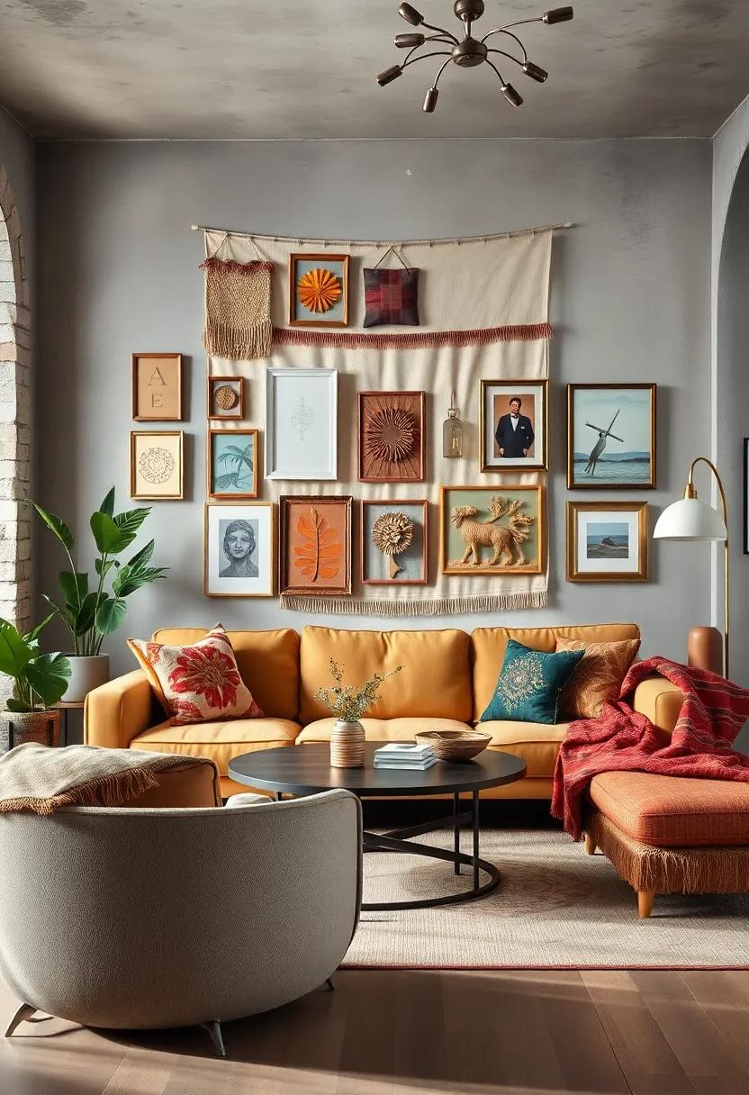 A Boho Space with a Gallery Wall of Eclectic Frames, Tapestries, and Personal Collections Above a Curvy Loveseat