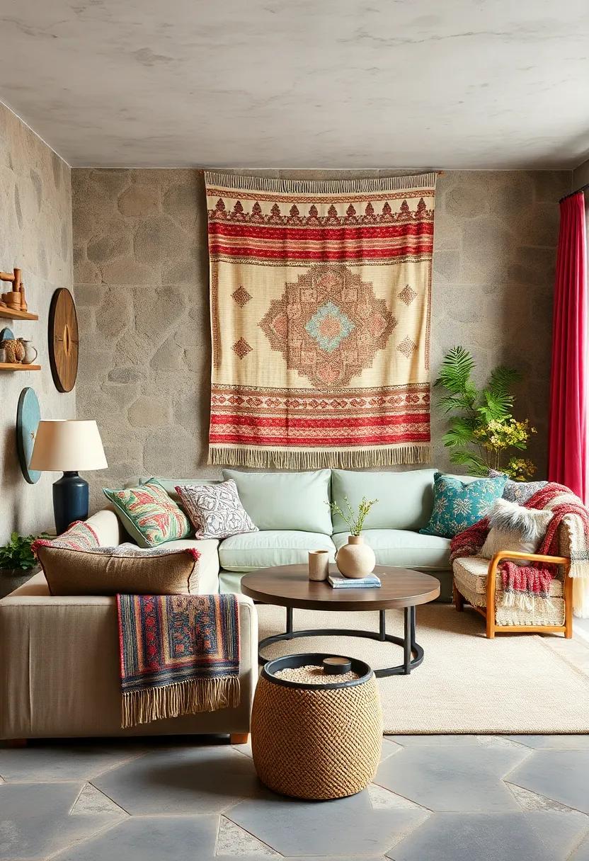 Handwoven Tapestries and Patterned Throws Highlighting the Natural Textures of a Boho Living Room Setting